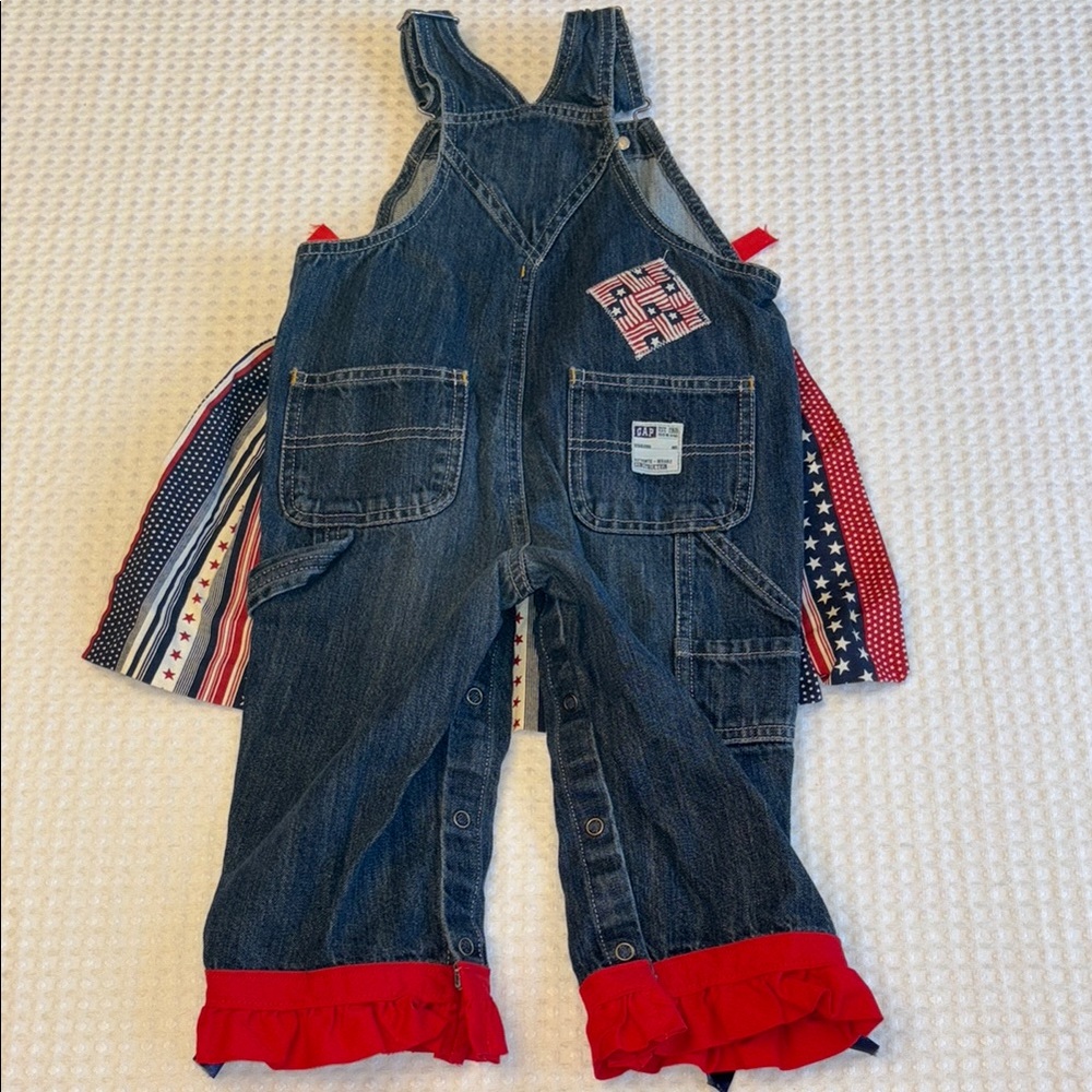 BABY GAP Red White Blue Denim Overalls Patriotic Stars Stripes Bib Skirt Ruffles - Picture 3 of 16